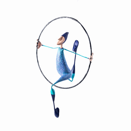 Mobile Paper Mache Sculpture Blue Hoop Figure